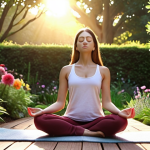 **Prompt:** Woman meditating at sunrise in a peaceful garden. Emphasis on serene expression, natural light, and vibrant flowers. Calming, mindful atmosphere.