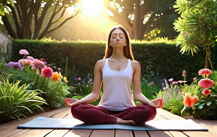 **Prompt:** Woman meditating at sunrise in a peaceful garden. Emphasis on serene expression, natural light, and vibrant flowers. Calming, mindful atmosphere.